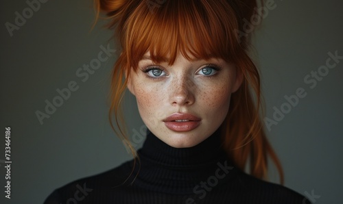 redhead supermodel on dsrk background, stunning beauty model, big beautiful eyes, red hair, high ponytail, bangs, thin waist, happy
