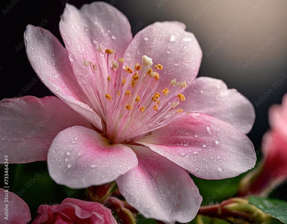Close up of pink flower of Japanese camellia with raindrops Close up of pink flower of Japanese camellia with raindrops