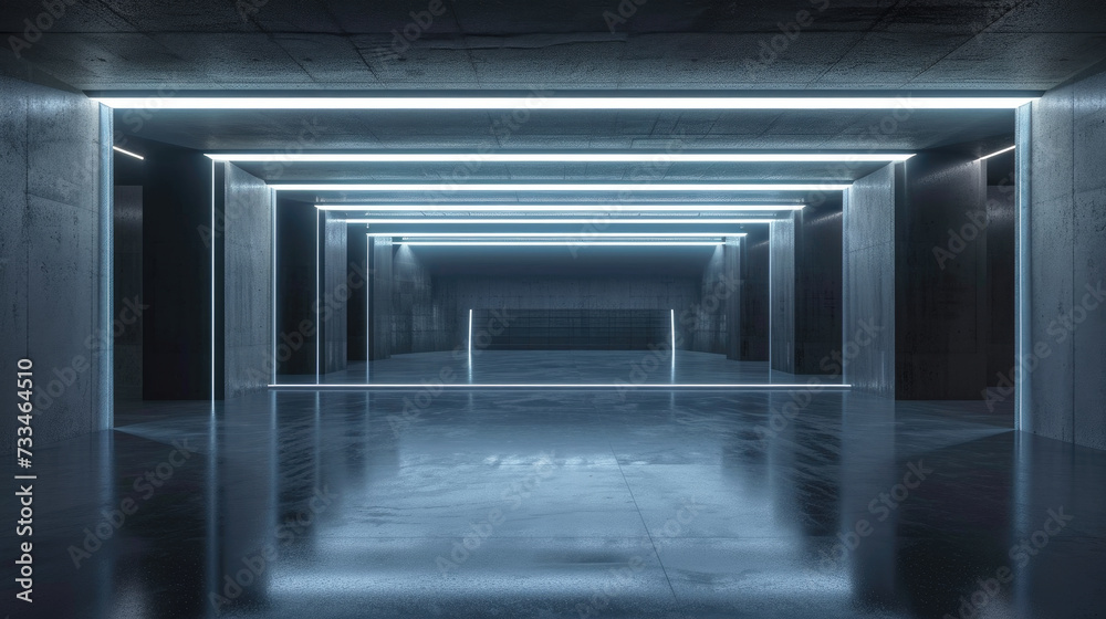 Underground garage background, empty blue grey parking with columns and lines of led light, stone or concrete interior of modern hallway. Concept of futuristic room, hall, warehouse