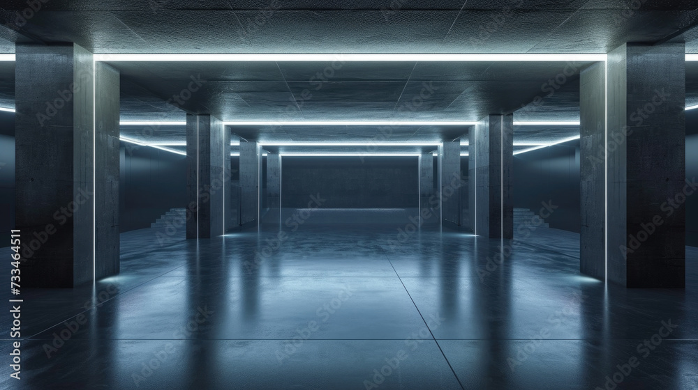 Fototapeta premium Underground garage background, empty grey room with columns and lines of led light, stone or concrete interior of modern hallway or studio. Concept of hall, warehouse, parking