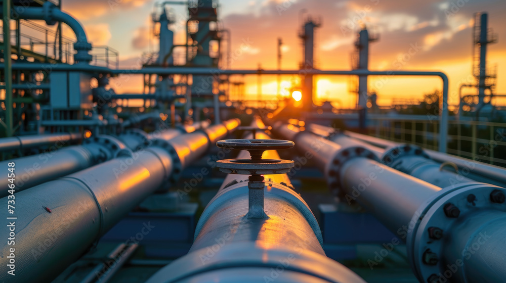 Pipeline of refinery plant and valve at sunset, scenery of gas or oil pipes of petrochemical factory. Perspective view of tube lines and sun. Concept of industry, power and crude