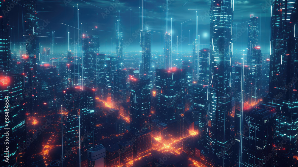 Futuristic smart city at night, modern buildings with communication network, abstract energy lines on cityscape background. Concept of connect, iot, future, digital technology, industry.