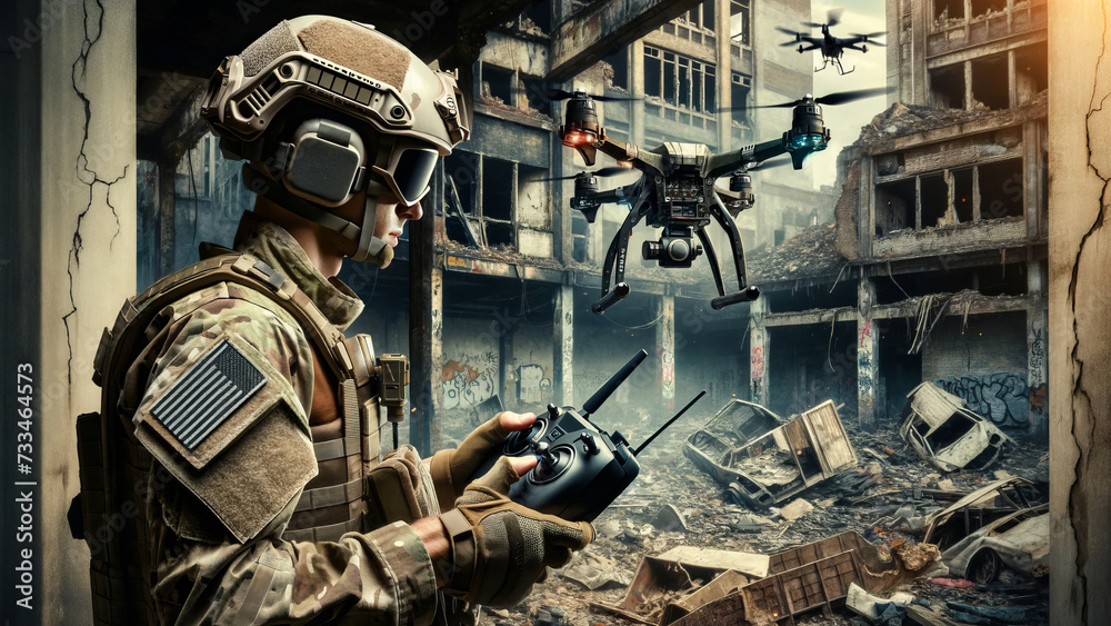 Tactical Gear Soldier Piloting Quadcopter in Urban War Zone
