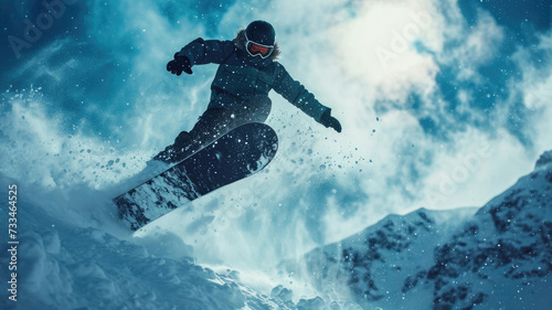 Snowboarder jumping on mountain ski slope on sky background, man in mask rides snowboard with splash of powder in winter. Concept of sport, extreme, speed, downhill, piste