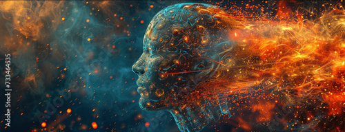 Humanoid AI robot on abstract background, cyborg or android like young person, futuristic artificial intelligence. Concept of digital art, face, problem, fire, war, future photo