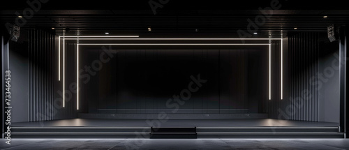 Abstract dark stage background, empty room with lines of led light, black interior of modern hall, showroom or studio. Concept of futuristic hallway, warehouse, scene