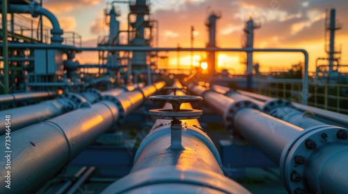 Obraz na płótnie Pipeline of refinery plant and valve at sunset, scenery of gas or oil pipes of petrochemical factory. Perspective view of tube lines and sun. Concept of industry, power and crude w salonie