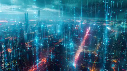 Smart city at night, aerial view of modern buildings with communication network, abstract energy lines on cityscape background. Concept of connect, iot, future, digital technology