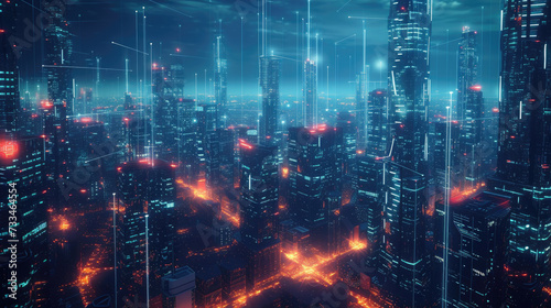 Futuristic smart city at night  modern buildings with communication network  abstract energy lines on cityscape background. Concept of connect  iot  future  digital technology  industry.