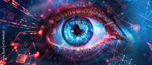 Eye of person working with digital data, abstract network information background, banner with cyber security theme. Concept of ai, technology, spy, hacker, hack, art