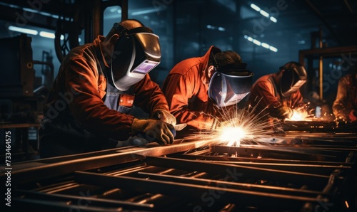Industrial concept: workers in helmet repair detail in car auto service, close uptelephoto