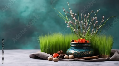Celebrating renewal with sprouted wheat grass  happy nowruz  a festive homage to nature s rebirth  cultural traditions  and the joyous spirit of persian new year  embracing health and vitality.