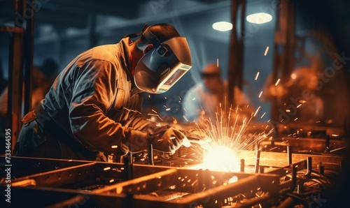 Workers wearing industrial uniforms and Welded Iron Mask at Steel welding plants, industrial concept photo
