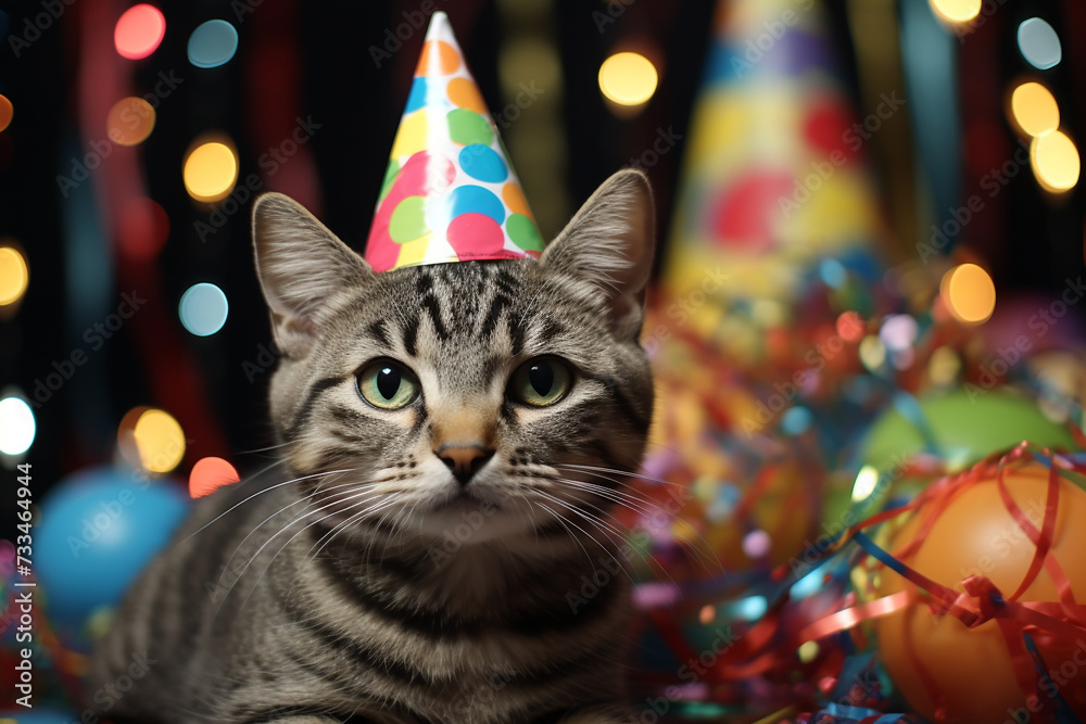 Birthday cat kitty funny cute pretty happy small animal playful festive hat celebrate, cake candles gifts banner copy space greeting card poster balloons holiday. Birthday cat kitty funny cute pretty happy small animal playful festive hat celebrate, cake candles gifts banner copy space greeting card poster balloons holiday.
