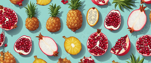 collection of organic natural full sliced Pomegranate, pineapple and dragon fruit isolated on transparent png background with shadows, for online menu shopping list ready for any background