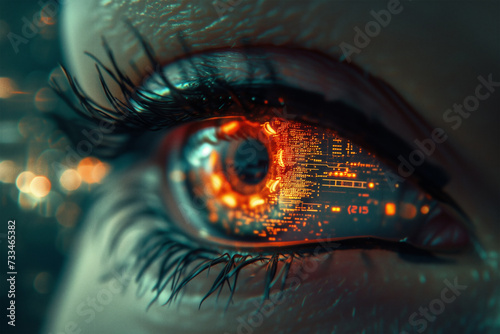 Close-up of a Human Eye with Digital Circuitry Overlay Generative AI image photo