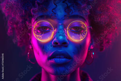 Neon glow portrait of a young woman with stylish glasses Generative AI image photo