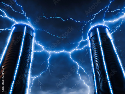  Intense electricity between two giant tesla coil towers. - Generative AI
