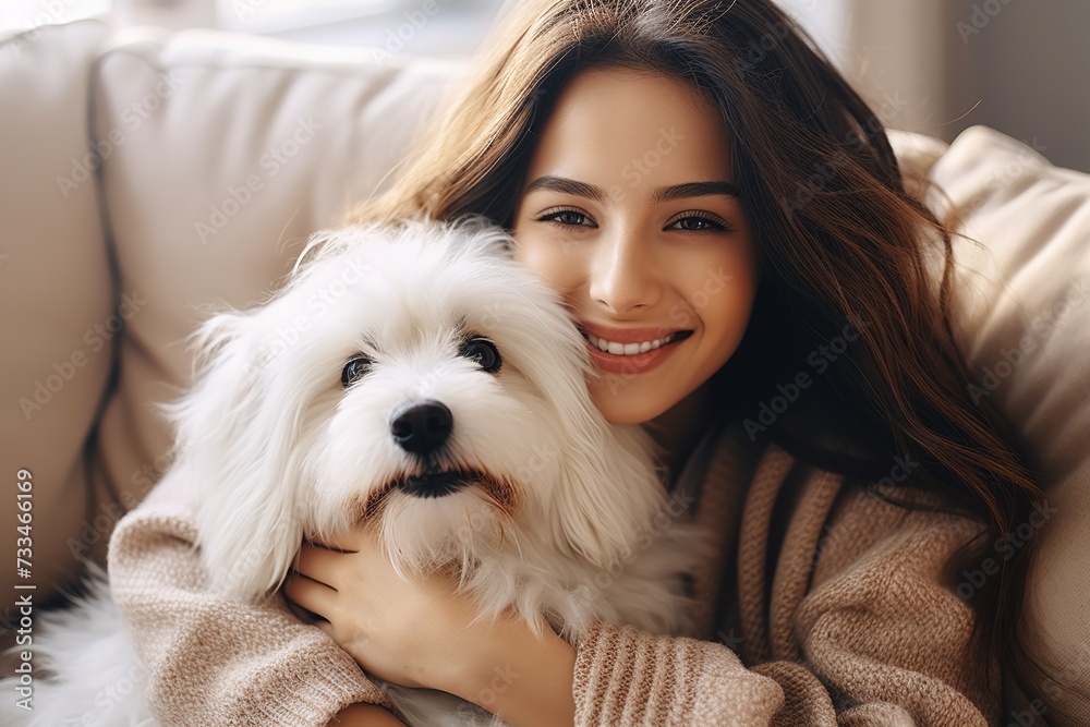 cheerful young caucasian woman smiling and hugging her pet white fluffy dog cheerful young caucasian woman smiling and hugging her pet white fluffy dog