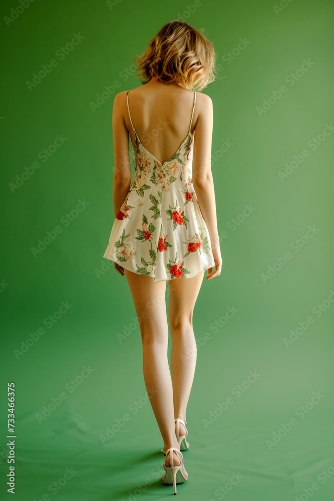 Elegant woman in floral dress and high heels - back view Elegant woman in floral dress and high heels - back view