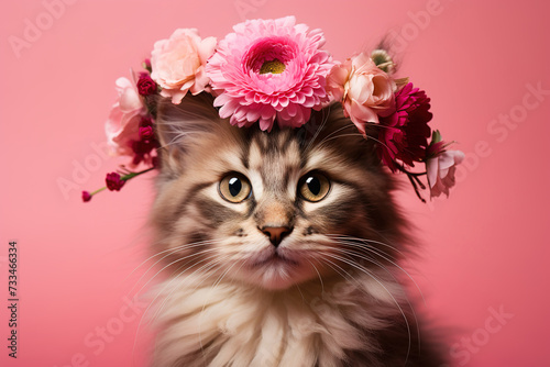 portrait of tabby cat with flowers crown on head on a pink background
