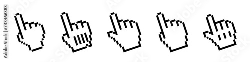 Pixel cursor icons. Arrow cursor in pixel style. Hand cursor