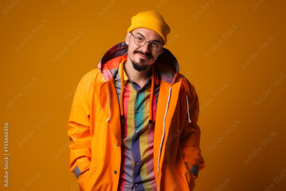 Portrait of a bearded hipster man in a bright jacket and hat on a yellow background. Portrait of a bearded hipster man in a bright jacket and hat on a yellow background.