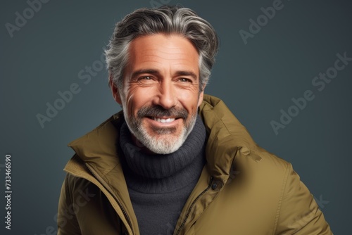 Handsome middle-aged man in a warm jacket. Studio shot against a dark background.