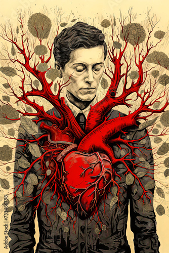 Generative AI illustration of surreal artwork of a man with a detailed anatomical heart and branching arteries blending into tree-like structures on a vintage background