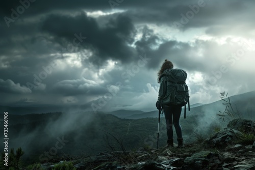 Female hiker on a mountain observes an approaching storm. © Lars
