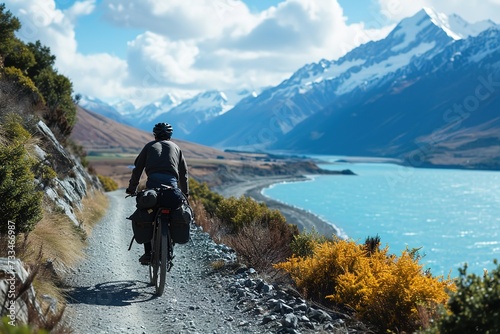 silhouette of a bike traveler riding a bicycle on road with mountains and lake in sunny day