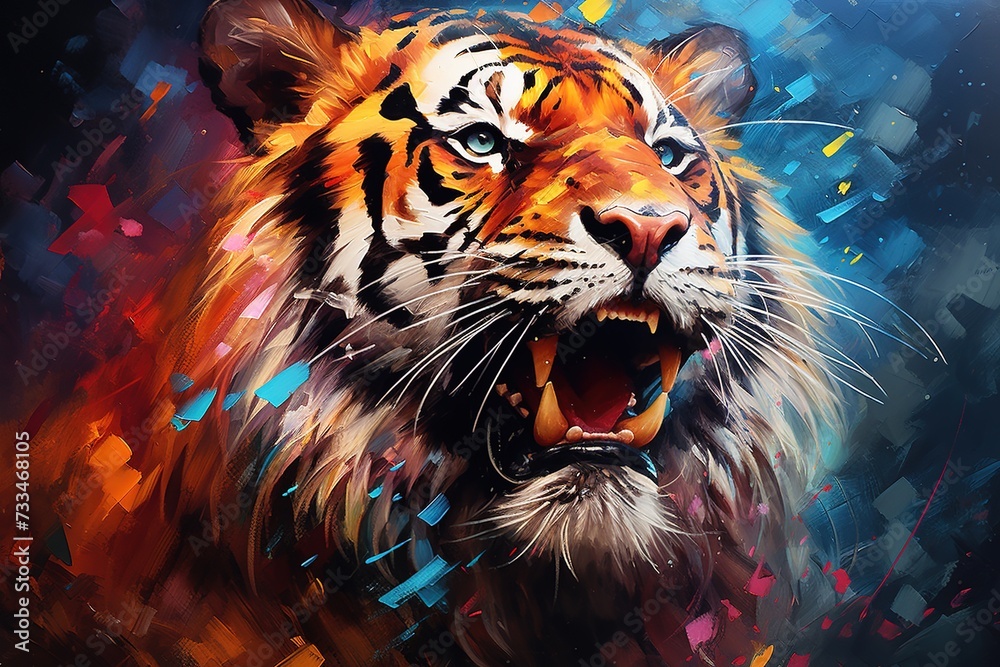 vibrant and colorful illustration portrait of tiger growls digital oil painting style