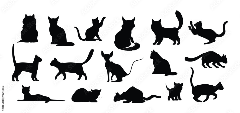 Set silhouette of cat isolated on white background