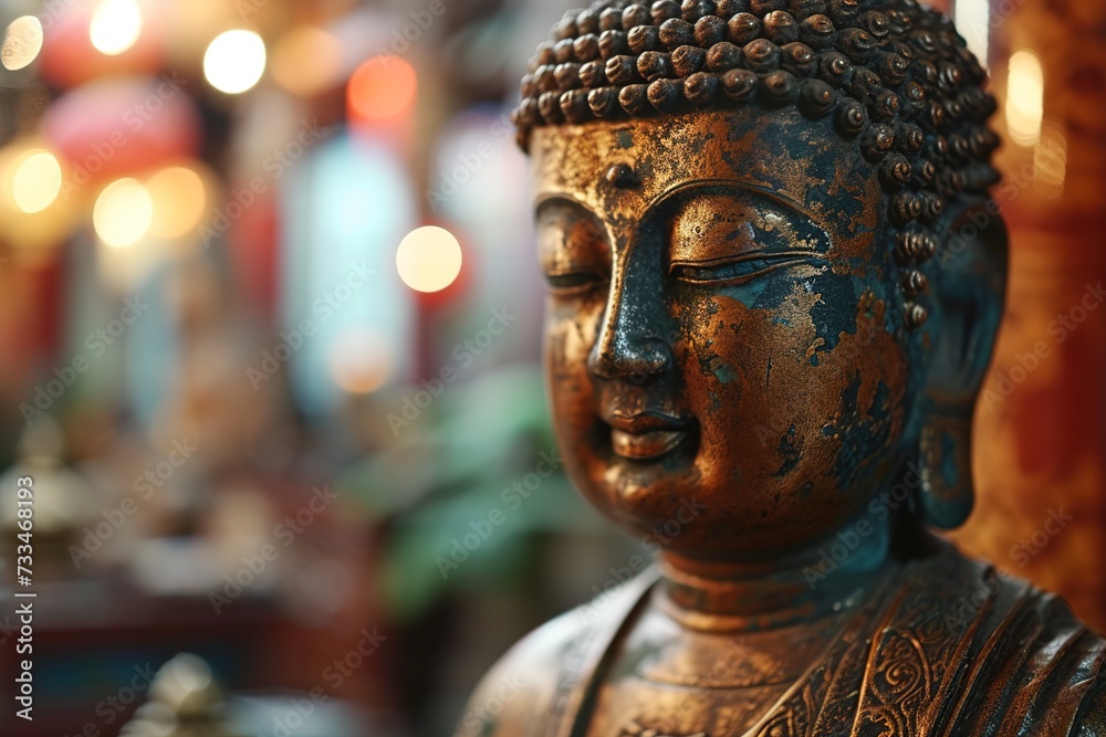 closeup bronze buddha statue on blurred bokeh background