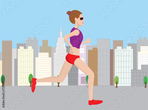 マラソン大会で市街を走る女性ランナー