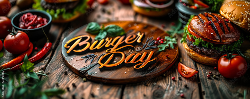 Celebrating Burger Day with Artisanal Handcrafted Burgers Amidst Fresh Ingredients and Calligraphy on Wooden Board, Symbolizing Gastronomic Delights