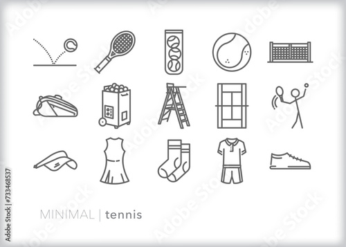 Set of tennis outline icons of equipment, athletic wear, and themes for playing a match on the court.