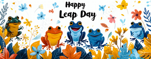 Festive and natural 'Happy Leap Day' concept with detailed toy frogs among lush ivy leaves on a bright white background