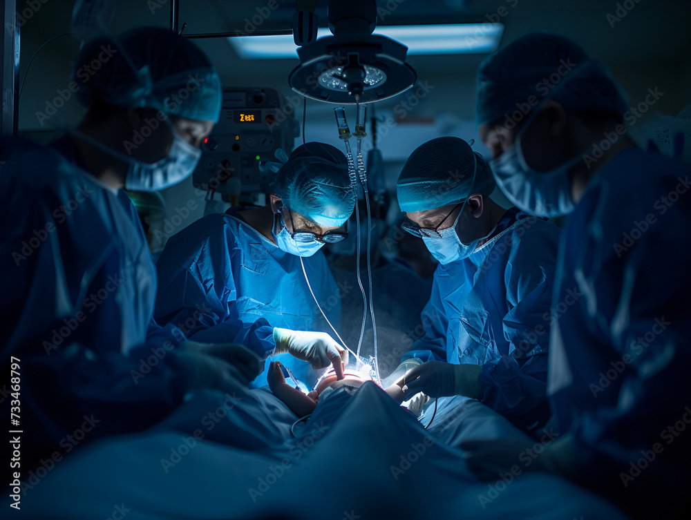 Team of surgeons performing an operation under the bright light of an operating room Team of surgeons performing an operation under the bright light of an operating room