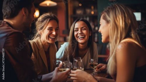A group of friends sitting at a table with wine glasses, AI