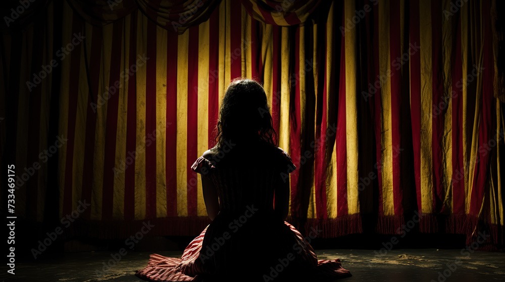 A girl sits alone facing theatrical curtains, suggesting anticipation or introspection before a performance