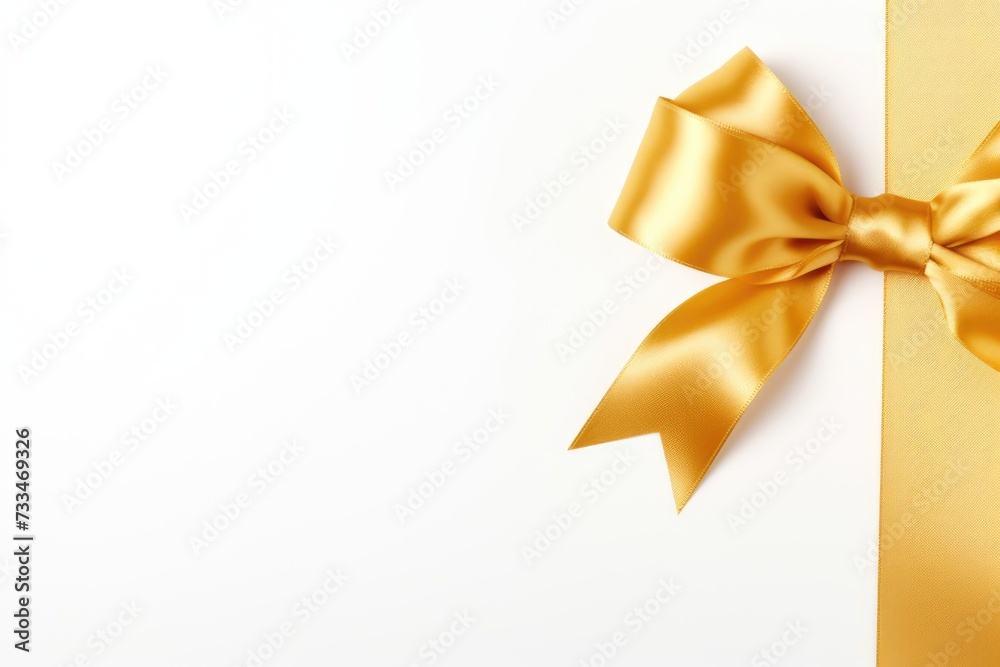 Ribbon and bow of shiny gold satin on white background. Copy space. Gold satin gift bow ribbon. A luxurious gold satin ribbon tied in a perfect bow. Valentine's day, Mother's day, Women's Day, Wedding Ribbon and bow of shiny gold satin on white background. Copy space. Gold satin gift bow ribbon. A luxurious gold satin ribbon tied in a perfect bow. Valentine's day, Mother's day, Women's Day, Wedding