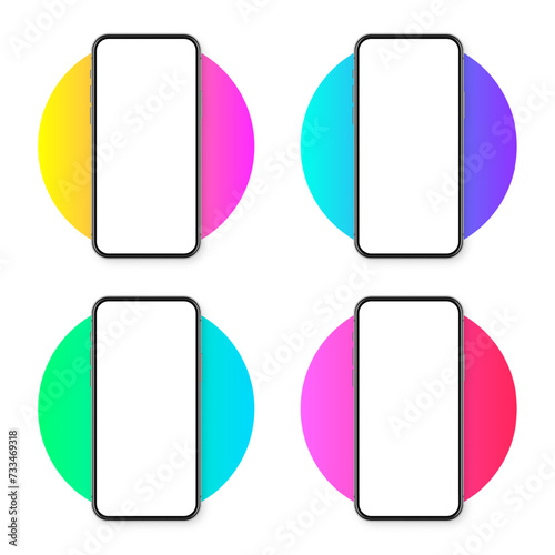Realistic smartphone with blank touch screen on colorful background. Frameless mobile phone in front view. High quality detailed device mockup. Vector illustration