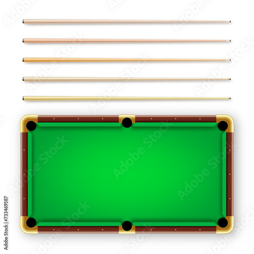 Various wooden billiard cues and green pool table. Snooker sports equipment. Vintage cue. Recreation and hobby, competitive game. Vector illustration