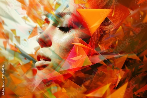 Vibrant triangles adorn a woman's face, evoking a sense of artistic expression and warmth in this captivating painting