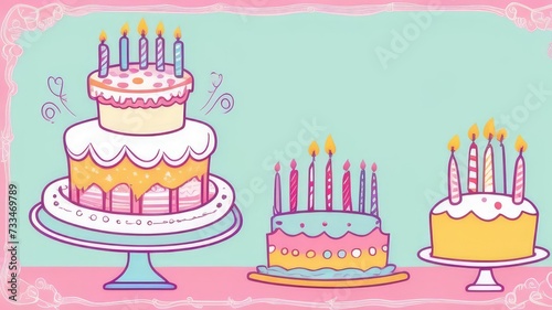 Birthday concept. Festive multi-colored cakes with candles and balloons on the background of a frame. Copy space.