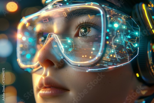 A woman's face reflects the blinding light through her futuristic goggles, capturing the essence of technological evolution and human adaptability