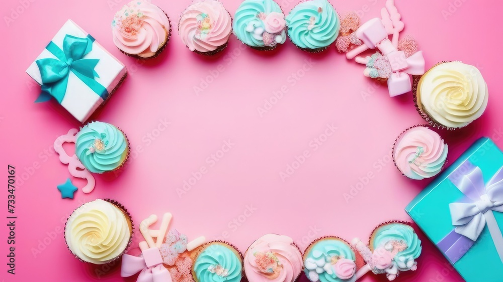 Birthday concept. Festive colorful cakes around a frame on a pink background.Copy space