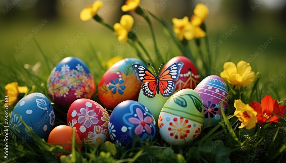 Various Easter eggs with spring pattern theme and spring flowers in Green Grass background Various Easter eggs with spring pattern theme and spring flowers in Green Grass background