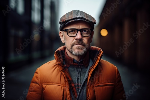 Portrait of a senior man with glasses and cap in the city © Igor